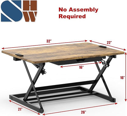 SHW 32" Over Desk Height Adjustable Standing Desk with Drawer, Rustic Brown