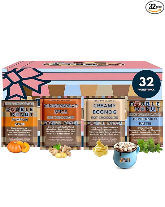 Double Donut Coffee Holiday Hot Chocolate Packets Variety Pack, 32 Count Seasonal Flavored Hot Cocoa Packets Includes Creamy Eggnog, Gingerbread Spice, Peppermint Patty & Pumpkin Spice