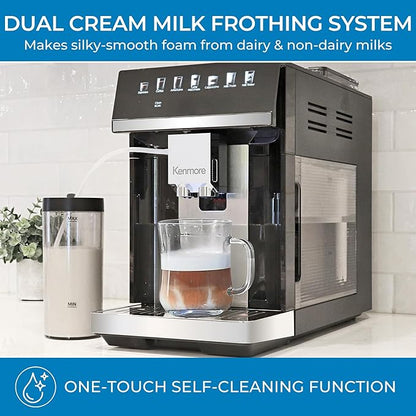 Kenmore Fully Automatic Coffee Maker - with Grinder, Milk Frother & Steamer, Auto Tamper, Descaler Expresso Machine, cafeteras electricas modernas machines For Home/Office Black