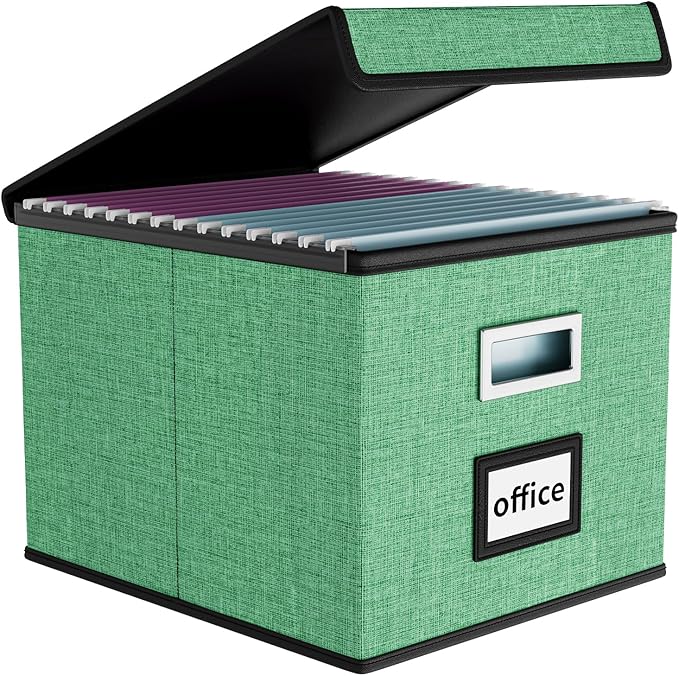 Huolewa Decorative File Organizer Box with Lid, Collapsible File Storage Organizer Boxes with Lids, Linen Hanging Filing&Storage Boxes for Office/Decor/Home, Filing System for File and Folders Storage