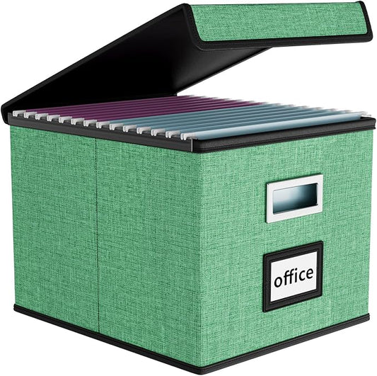 Huolewa Decorative File Organizer Box with Lid, Collapsible File Storage Organizer Boxes with Lids, Linen Hanging Filing&Storage Boxes for Office/Decor/Home, Filing System for File and Folders Storage
