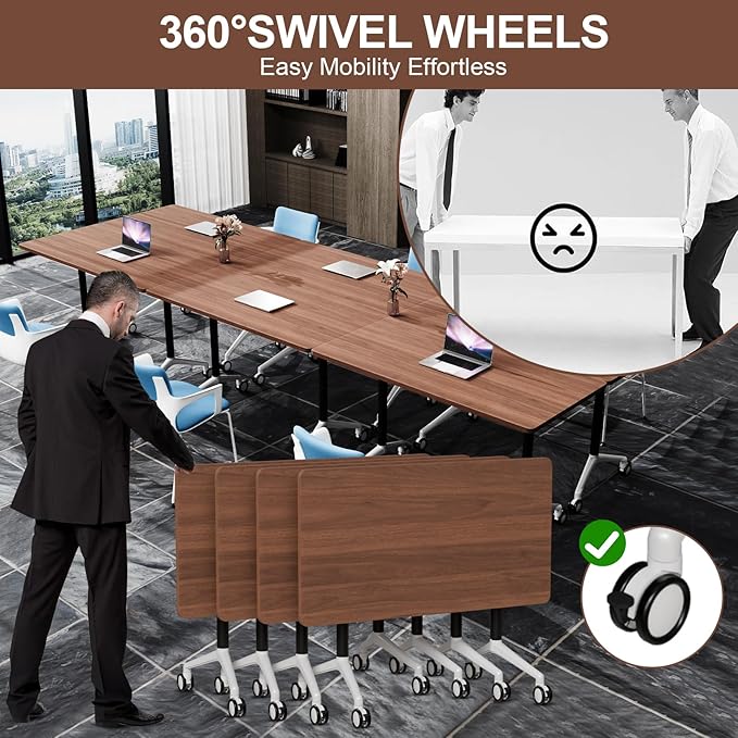 Conference Table Folding Conference Room Tables, Modern Mobile Meeting Training Table with Silent Wheels, Foldable Seminar Table for Offices, Classrooms, Libraries (4, walnut2, 61in)