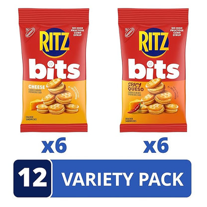 RITZ Bits Cheese and Spicy Queso Cheese Sandwich Crackers Variety Pack, Snacks for Kids and Adults, Lunch Snacks, 12-3 oz Bags