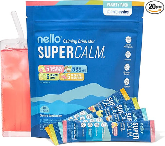 Nello Supercalm Powdered Drink Mix, Cortisol Reducer* and Sleep Aid Supplement, L Theanine, Ksm-66 Ashwagandha, Magnesium Glycinate, Vitamin D 3, No Sugar, Non GMO, On The Go, 20 Ct, Variety Pack