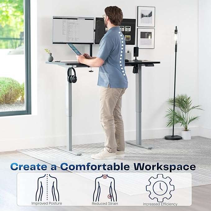 VIVO Electric 55 x 28 in Standing Desk, Memory Height Adjustment, 1B Series, One-Piece Black Top, Gray Frame, DESK-KIT-1G55B
