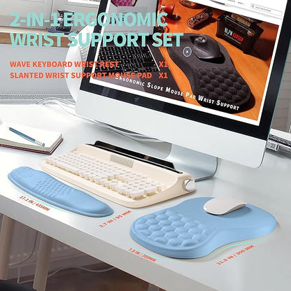 2-in-1 Ergonomic Set, Wave Rise Keyboard Wrist Rest and Massage Bulge Slope Mouse Pad Wrist Support, Cushion Memory Foam Integrated to Relieve Wrist Pain, Lake Blue
