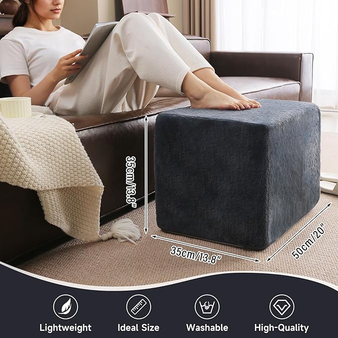Tiita Stuffed Pouf Ottoman, Square Foot Stool Fluffy Floor Poufs Chair for Living Room Bedroom, Filled Boho Foot Rest for Couch, Blue-Grey