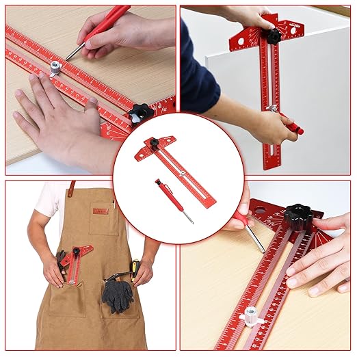 Woodworking Scriber Marking Line Ruler, Adjustable up to 18 inches Aluminum Alloy T-Square Ruler, Sliding Precision Line Drawing Angel Ruler with 1 pcs Carpenter Pencil