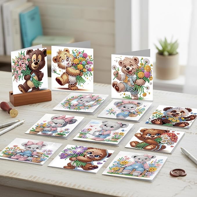 jinglinhh 12pcs Diamond Art Painting Flower Bear Greeting Cards with Envelopes, DIY Card Making Kits for Adults, Diamond Art Christmas Cards for Birthday Holiday Postcards Craft Gifts