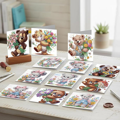 jinglinhh 12pcs Diamond Art Painting Flower Bear Greeting Cards with Envelopes, DIY Card Making Kits for Adults, Diamond Art Christmas Cards for Birthday Holiday Postcards Craft Gifts