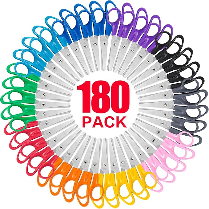 TooyBing 180 Pack Kids Scissors, 5 Inch Contemporary Style, Stainless Steel Blunt Tip Safety Scissors for School, Craft, Office, Home