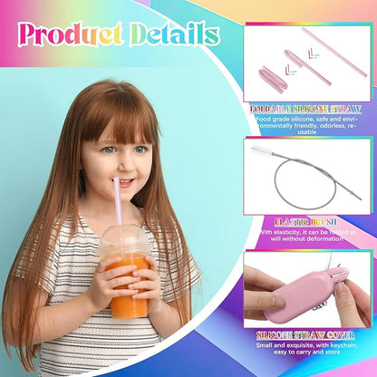 Meanplan 4 Sets Cruise Ship Essentials,4 Set Silicone Straws with Case Reusable Silicone Portable Drinking Straw Set for Party Travel Cold or Hot with 4 Carry Case, 4 Cleaning Brushes (Pink)