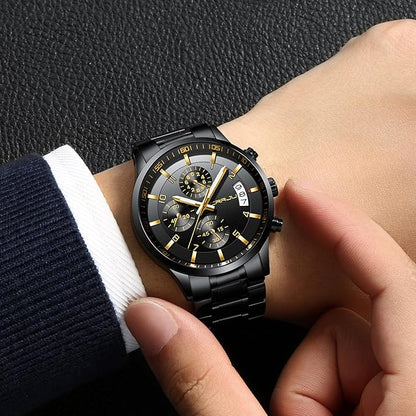CRRJU Men's Fashion Stainless Steel Watches Date Waterproof Chronograph Wristwatches,Black Steel Band Waterproof Quartz Watch for Men