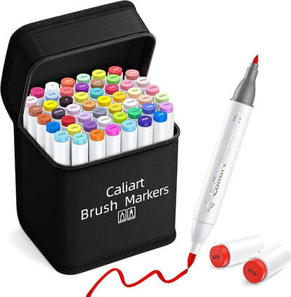 Caliart Alcohol Markers Brush Tip, 51 Colors Dual Tip Coloring Marker Pen Set Brush & Fine, Art Supplies Kit Gift for Adults Coloring Book Artists Sketch Drawing Illustration