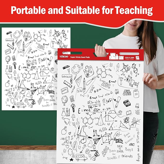 Thickened Sticky Easel Pad, 25 x 30 Inches Large Chart Paper for Teachers, 10 Pads Self Stick Easel Paper for White Board, White Sticky Anchor Chart Paper, with Sticky Note, 300 Sheets/10 Pads