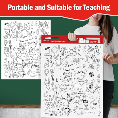 Thickened Sticky Easel Pad, 25 x 30 Inches Large Chart Paper for Teachers, 10 Pads Self Stick Easel Paper for White Board, White Sticky Anchor Chart Paper, with Sticky Note, 300 Sheets/10 Pads