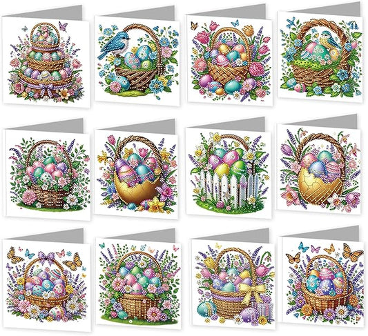 jinglinhh 12pcs Easter Egg Basket Diamond Art Painting Greeting Cards with Envelopes, DIY Card Making Kits for Adults, Diamond Art Christmas Cards for Birthday Holiday Postcards Craft Gifts
