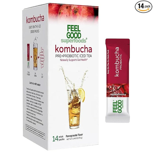 FeelGood Superfoods Kombucha Iced Tea Packets, Delicious Pomegranate Flavored Refreshing Instant Kombucha Powder Fizzy Drink, Probiotic Supplement for Gut Health, 14 pack