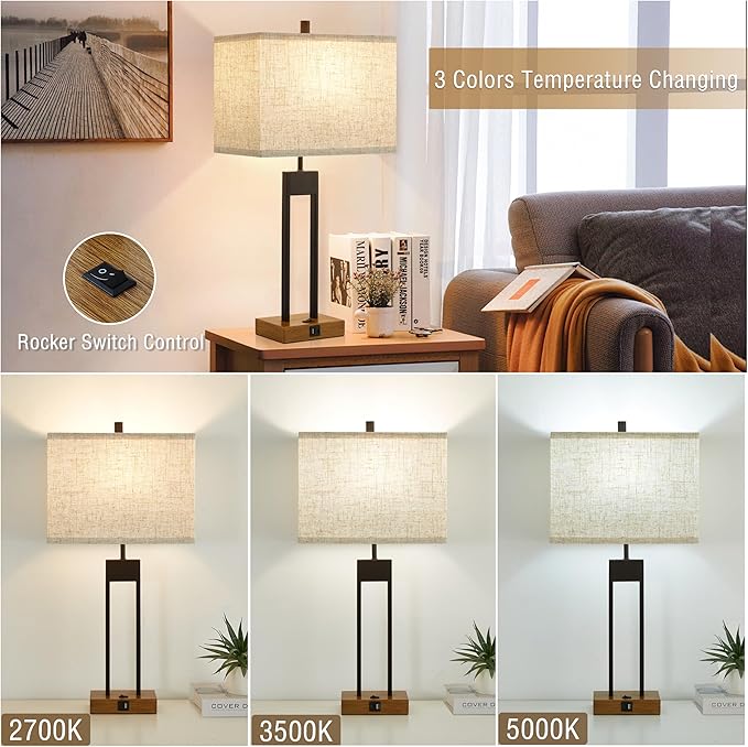 GyroVu 25.5'' Set of 2 Modern Bedroom Table Lamps with USB C+A Ports, 3 Color Changeable, Brown Night Stand Lamps for Bedside, Guest Room, Office, Reading