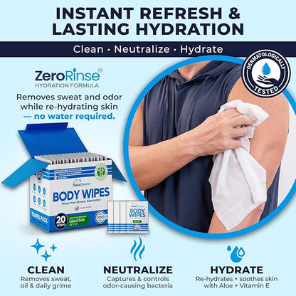 Body Wipes for Adults Bathing No Rinse - 20 Count Travel Shower Wipes - 10 x 11.5" Individually Wrapped Thick Cleansing Waterless Wash Scrubs - Disposable Washcloths for Camping & Elderly Incontinence