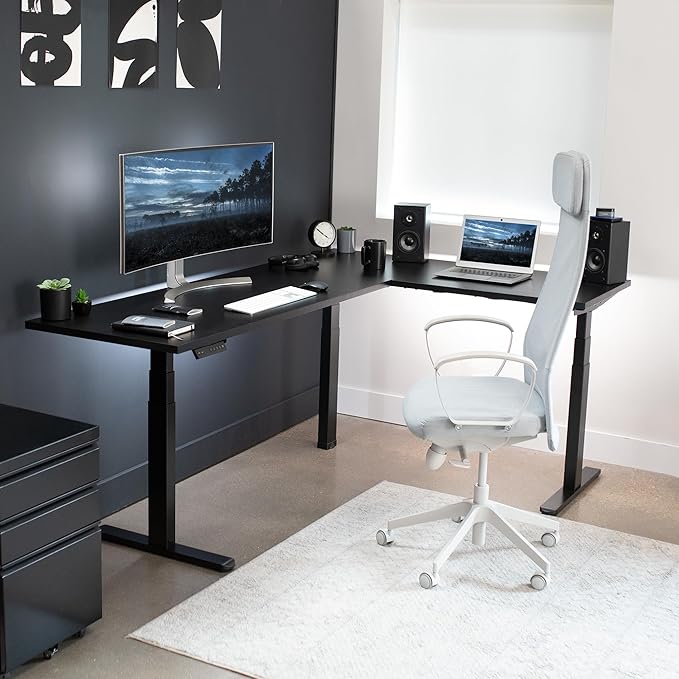 VIVO Electric 78 x 55 inch Square Corner Memory L Shaped Stand Up Desk, Black Table Top, Black Frame, Corner Height Adjustable Workstation, 3E-S Series, DESK-KIT-3E5SB