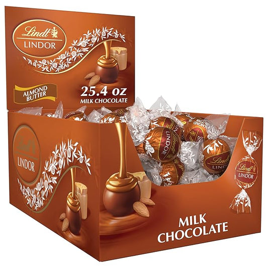 Lindt LINDOR Almond Butter Milk Chocolate Candy Truffles, Milk Chocolate Candy With Almond Butter, 25.4 oz., 60 Count
