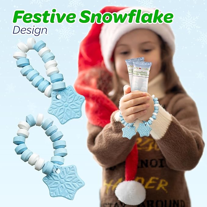 4E's Novelty Christmas Candy Bracelets - 30-Pack Snowflake Stretchable Bulk Candies Individually Wrapped, Fun Christmas Stocking Stuffers & Party Favor Candy for Kids, Blue & White Candies Bracelet
