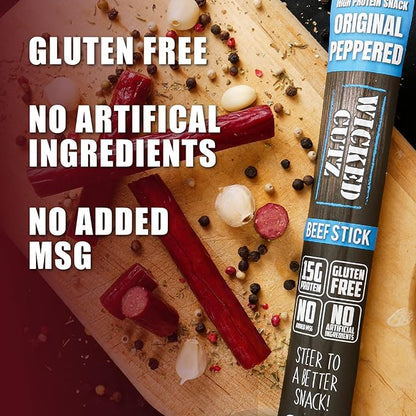 Wicked Cutz Original Peppered Beef Sticks, 15g Protein Per Beef Stick, Tender & Juicy Extra Large Meat Stick, USA Made High Protein Meat Sticks, Carnivore Snacks (12 Pack)