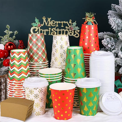 300 Pcs/100 Sets Christmas Coffee Cups with Lids and Sleeves 12 oz Disposable Christmas Paper Cups Party Drinking Cups for Hot and Cold Drinks Chocolate Coffee Tea Beverage Bar Supplies (Shiny)