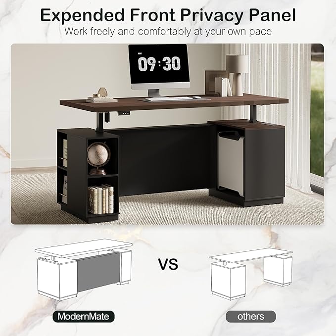 71" Standing Desk with 2 File Cabinet, AC/USB, 1.18" Desktop, L Shaped Height Adjustable Desk, Electric Furniture Set with Multiple Functions for Home and Office, Black Walnut