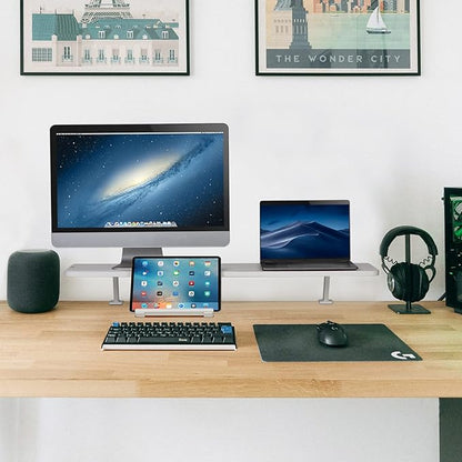 AVLT Clamp Desk Shelf Dual 32" Monitor Riser With Slide-out Holder for Convertible Laptop, Tablet, Smartphone (Black) - Floating Stand (Clamp-On Shelf Only)