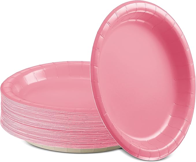 Disposable Paper Plates Pink, 6 3/4 Inches Paper Dessert Plates, Strong and Sturdy Disposable Plates for Party, Dinner, Holiday, Picnic, or Travel Party Plates, Pack of 50