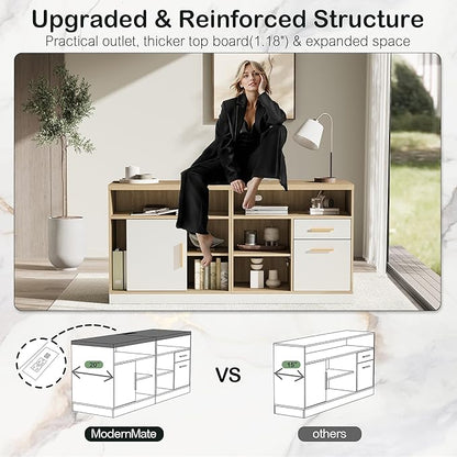 Home Office Furniture Set, 114" Standing Desk with 2 File Cabinets, AC/USB, Extra Long Double Desk for 2 Person, Electric Height Adjustable for Home and Office, Light Walnut