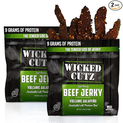 Wicked Cutz Volcanic Jalapeño Spicy Beef Jerky, 27g Protein Per Serving, Tender & Easy to Chew Alternative to Beef Sticks, USA Made High Protein Carnivore Snacks (2 Bags)
