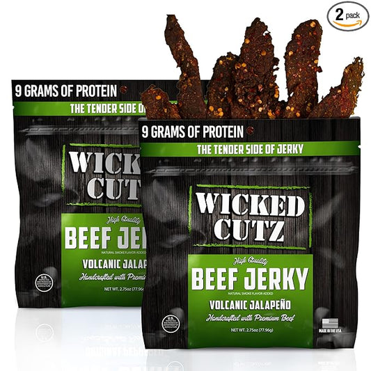Wicked Cutz Volcanic Jalapeño Spicy Beef Jerky, 27g Protein Per Serving, Tender & Easy to Chew Alternative to Beef Sticks, USA Made High Protein Carnivore Snacks (2 Bags)