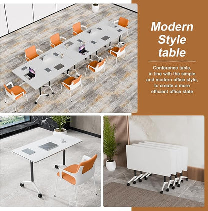 Folding Conference Table, Conference Room Tables Foldable Large Meeting Seminar Table on Wheels,Flip Top Boardroom Training Tables for Office, Classroom,Meeting (8, White2, 70.8)