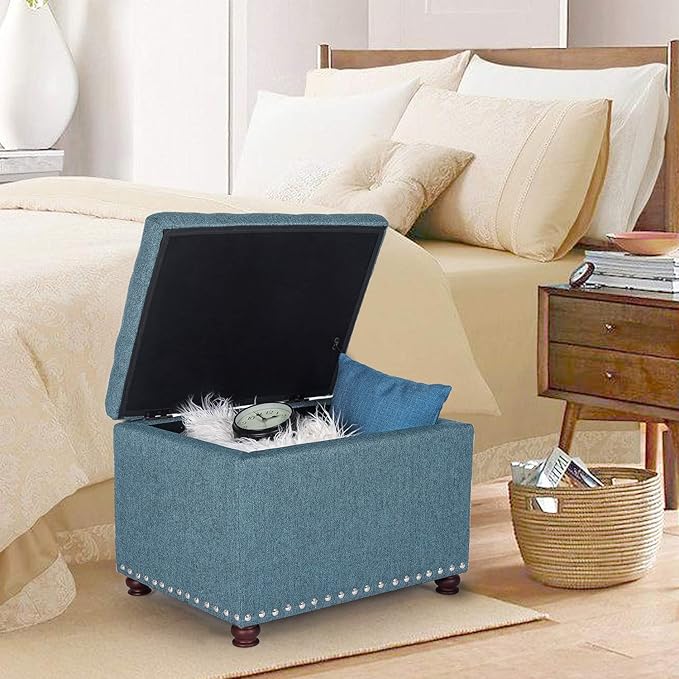 Adeco Rectangular Storage Ottoman Foot Rest Stool, Fabric Button Tufted Storage Ottoman with Hinged Lid (Cyan)