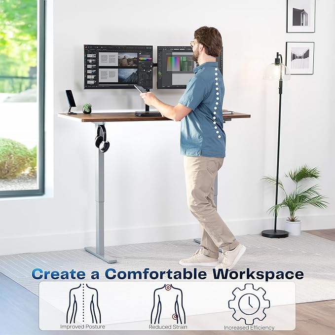 VIVO Electric 60 x 24 in Rustic Standing Desk, Memory Height Adjustment, 1B Series, One-Piece Vintage Brown Top, Gray Frame, DESK-KIT-1G6N