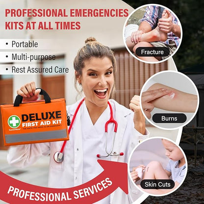 380 Pieces Deluxe First Aid Kit Compact Trauma Medical Kits with Assorted Bandages, Instant Cold Pack, Emergency Blanket for Home, Travel, Camping, Vehicle, Emergency Kits(Orange)