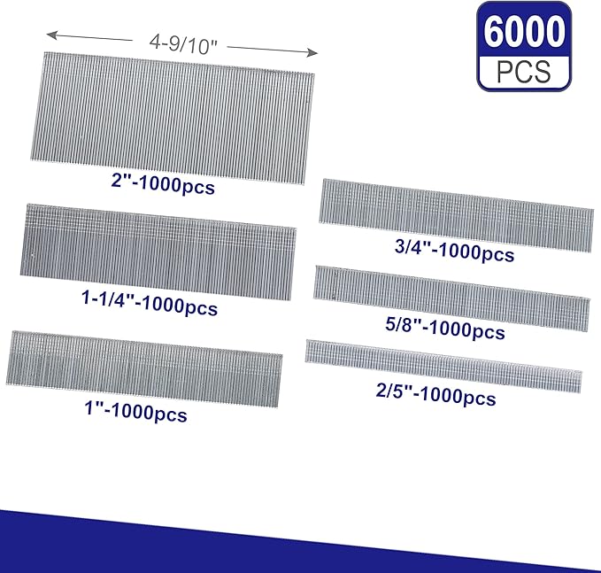 HW HAMWOO 18 Gauge Brad Nails,Galvanized 18GA Nail Gun Nails Assorted,Suitable for Most Brand of 18 GA Pneumatic and Electric Brad Nailer(2",1-1/4",1",3/4",5/8",2/5",6000Pcs)