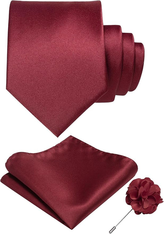 RBOCOTT Solid Color Tie and Pocket Square Hankerchief with Lapel Pin Set for Men