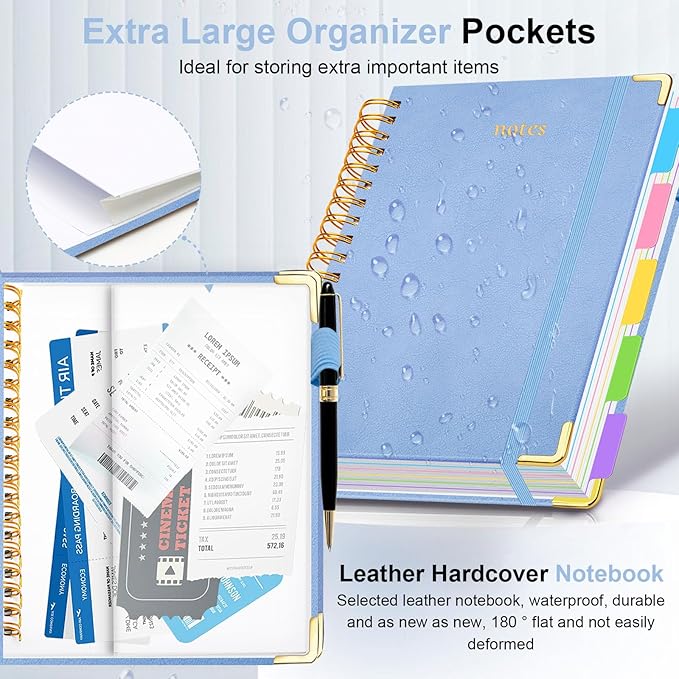 Hardcover Spiral Notebook 8.5"x11" Journal Notebook with Tabs and Removable Dividers 300 Pages 5 Subject Notebook College Ruled, Faux Leather Spiral Bound Notebook for Women School Work (Lake Blue)