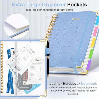 Hardcover Spiral Notebook 8"x10" Journal Notebook with Tabs and Removable Dividers 300 Pages 5 Subject Notebook College Ruled, Faux Leather Spiral Bound Notebook for Women School Work (Lake Blue)