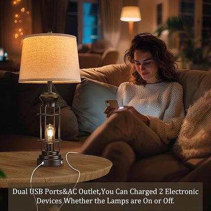 Table Lamp Set of 2 with USB Ports, 28" Tall Farmhouse Table Lamp with 2 Nightlight Bulbs,Touch Control Table Lamps for Bedroom, Rustic Bedside Lamp for End Tables,Bulbs Included,Black