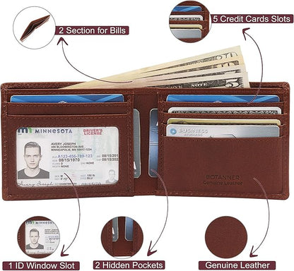 Genuine Leather Bifold Mens Wallet RFID Blocking 5 Credit Card Slots 1 ID Window 2 Sections for Bills 2 Additional Slots | Choco