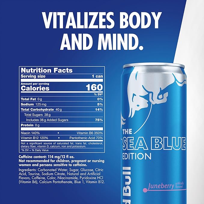 Red Bull Sea Blue Edition Energy Drink, Juneberry, with 114mg Caffeine plus Taurine & B Vitamins, 12 Fl Oz, Pack of 4 Cans