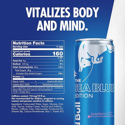 Red Bull Sea Blue Edition Energy Drink, Juneberry, with 114mg Caffeine plus Taurine & B Vitamins, 12 Fl Oz, Pack of 4 Cans