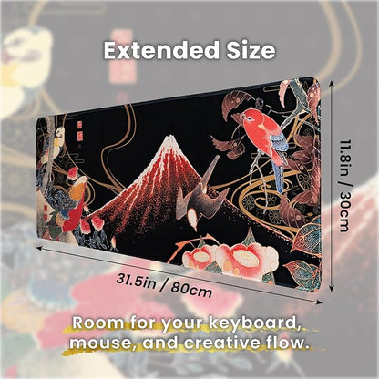 BELLEMOND Japanese Art Desk Mat | Large 31.5x11.8in Desk Pad | Mouse Pad for Keyboard & Mouse | Non-Slip Base, Water-Repellent, Smooth Precision | Crimson Wings Over Fuji