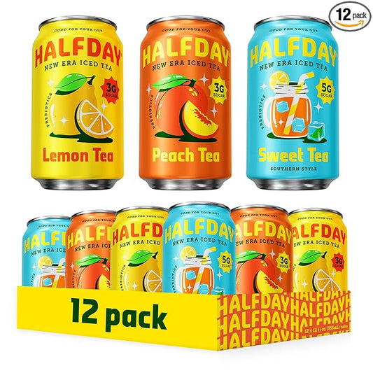 HALFDAY Prebiotic Iced Tea Lemon, Peach, Sweet Tea Variety Pack, Gut Health, Plant Fiber & Prebiotics, 3-5g of Sugar, 35 Calories, Natural Caffeine, Gluten Free, Keto 12 fl oz (12 pack)