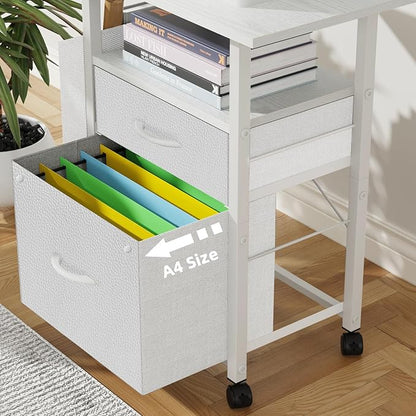 GYIIYUO 2 Fabric Drawer File Cabinet with 24'' Extended Desktop, Mobile Filing Cabinet, Rolling File Cabinet with Side Bag, Fits A4 Size, Home Office, White
